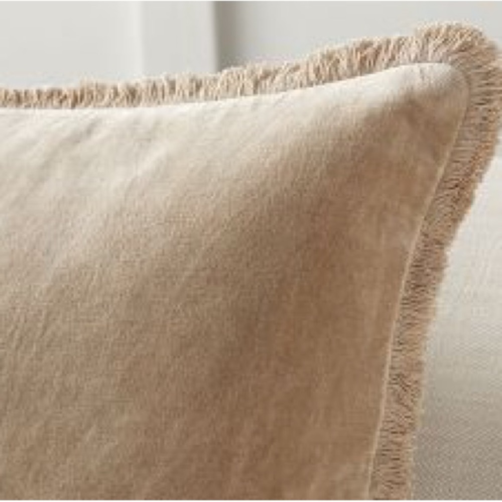 New Pottery Barn Velvet Fringed Pillow Cover, Mocha Tan, 22”